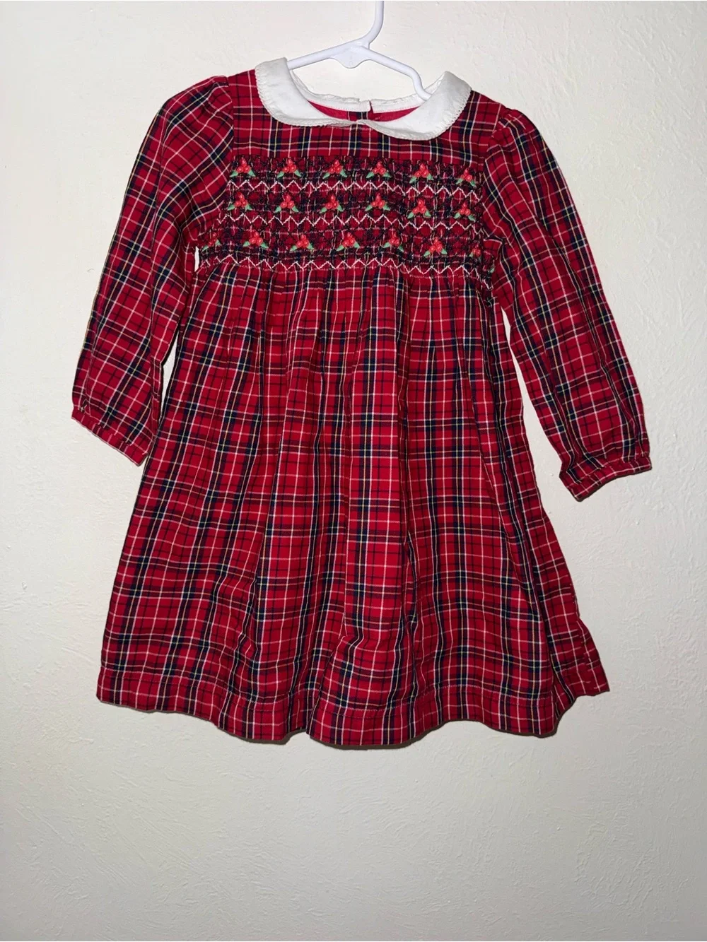 Girls' Red Plaid Smocked Dress with White Peter Pan Collar